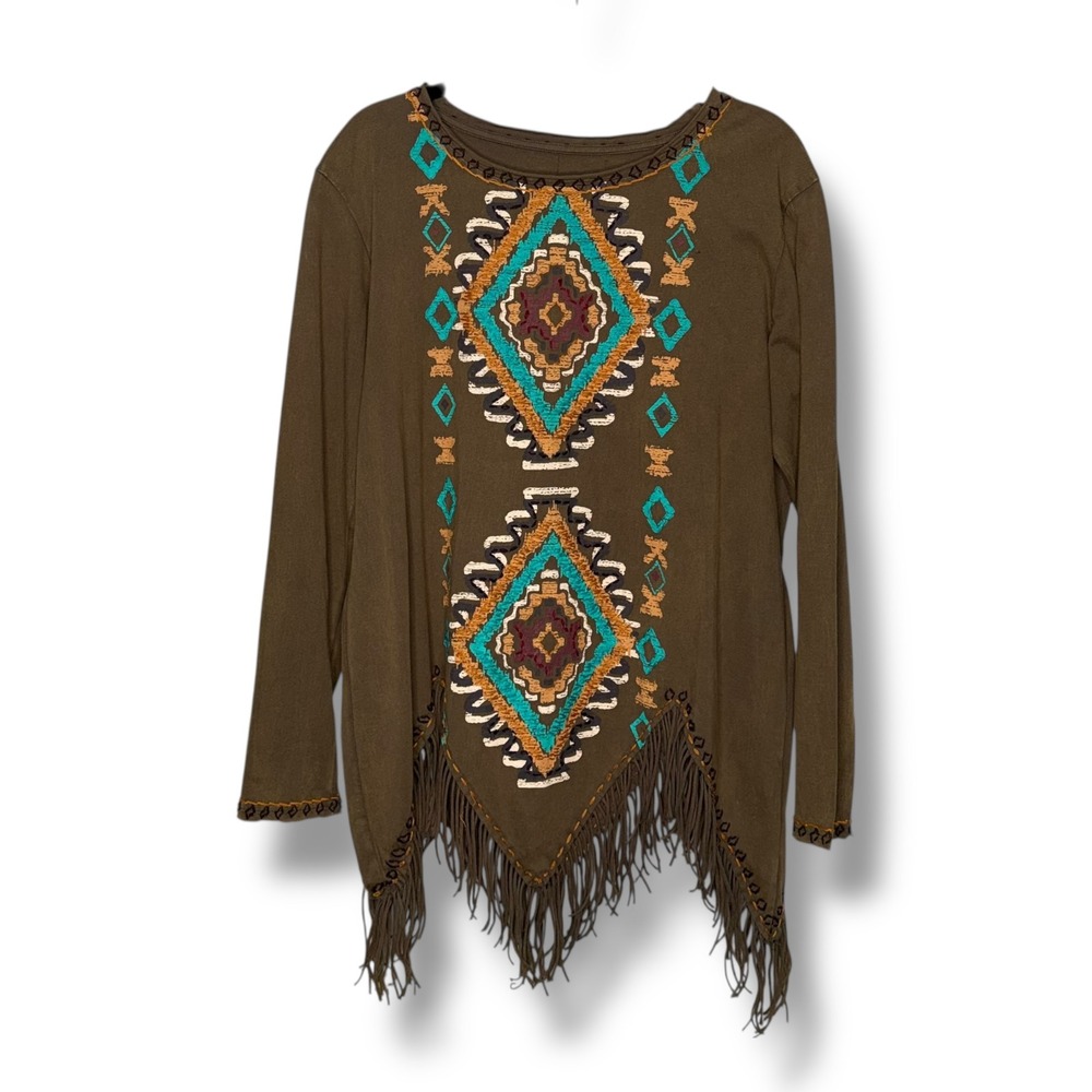 Double D Ranch Top Womens Medium Brown Southwest Embroidered Fringe Excellent‎